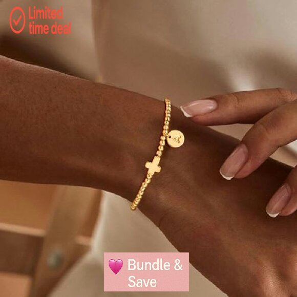 Gold Cross Initial Bracelet Dainty Stretch 6.5in Religious Jewelry Gift - Picture 3 of 8